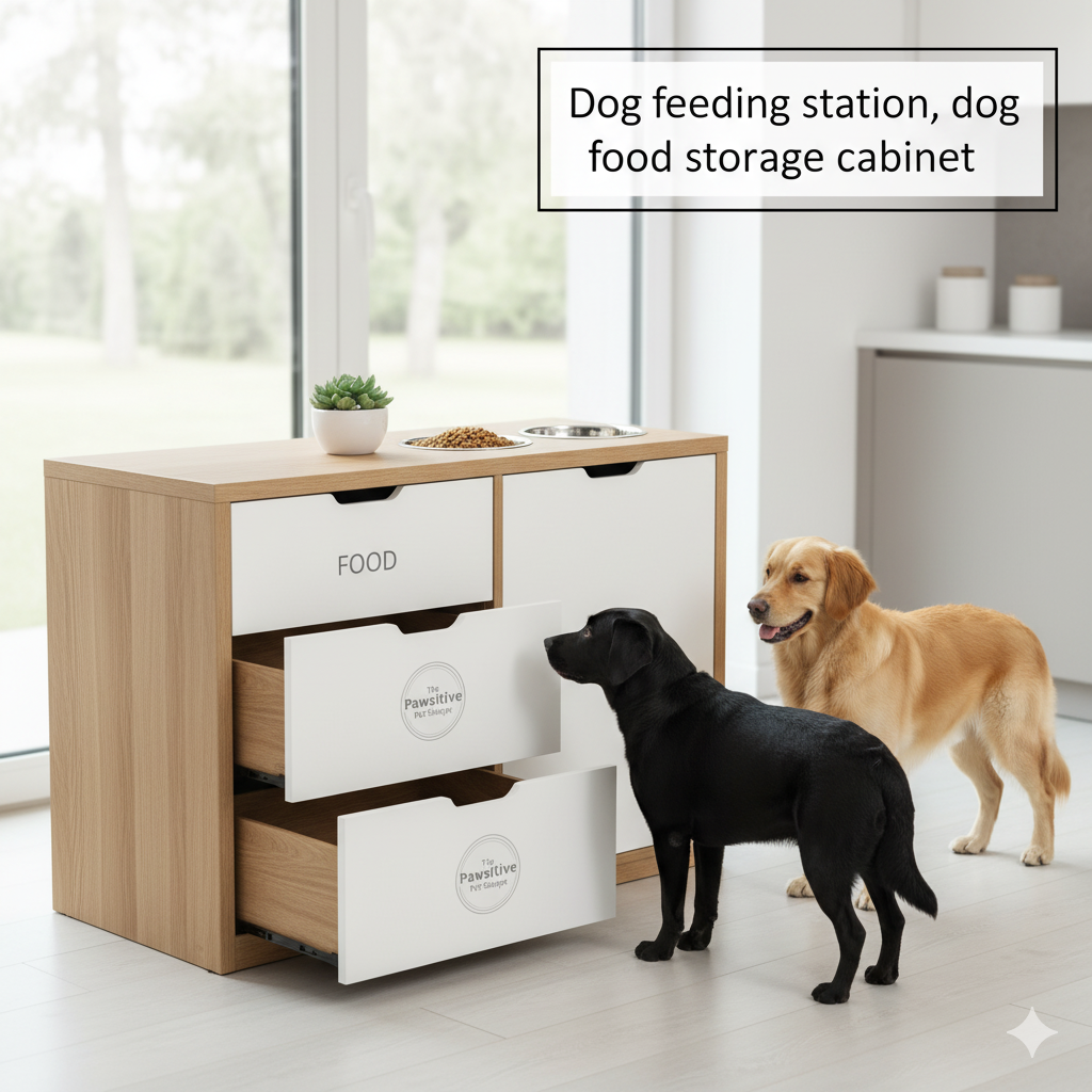 Dog feeding station, dog food storage cabinet